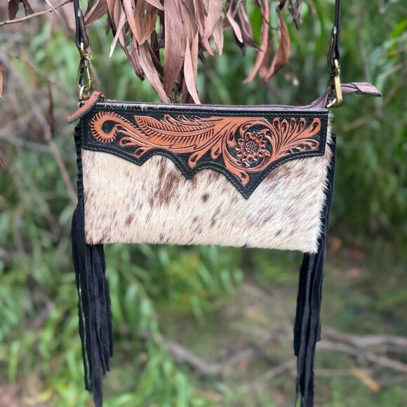 Genuine Leather Hand Tooled Hair-on Women Bag Western Handbag, Fringe Bag - Picture 2 of 7